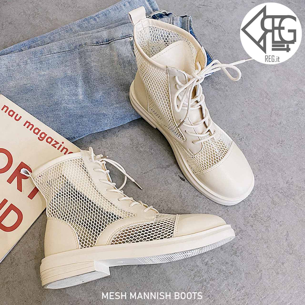 Regit Mesh Mennish Boots Ivory 韓国 靴 シューズ ブーツ メンズライク ミリタリー メッシュ 夏 カジュアル 10代 代 プチプラ 映える 透け感 ネット通販 Regit