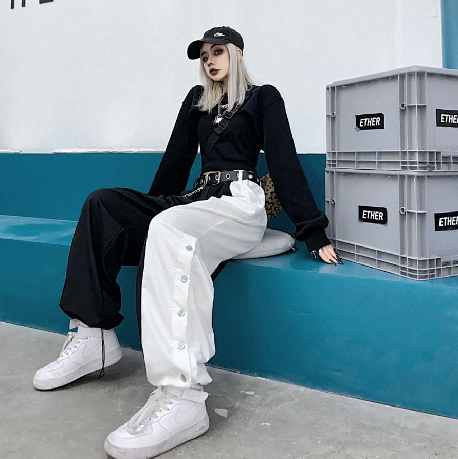 カジュアルパンツ モノトーン バイカラー アシンメトリー カジュアル ベルト付き ピープス 韓国ファッション 1927 Amouretvie モレヴィ