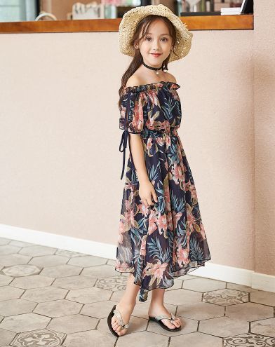 ママサイズ有 オフショルダー 花柄 シフォン ワンピース 1 150cm ママサイズ リゾート ワンピ 海 夏 大人っぽ ロング丈 ハイウエスト 可愛い 19s S 韓国 子供服 女の子 ガールズ P078 A Dear Child