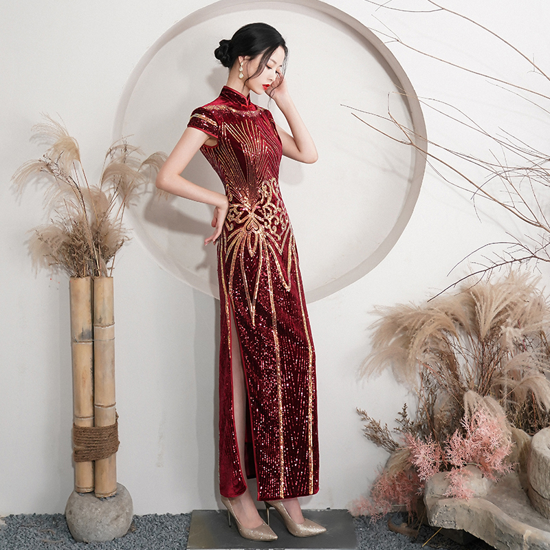 红舍シリーズ チャイナドレス スパンコール ベルベット 成人式ドレス 赤 ロングワンピース 大きいサイズ Elegant 红舍シリーズ チャイナドレス スパンコール ベルベット 成人式ドレス 赤 ロングワンピース 大きいサイズ Elegant