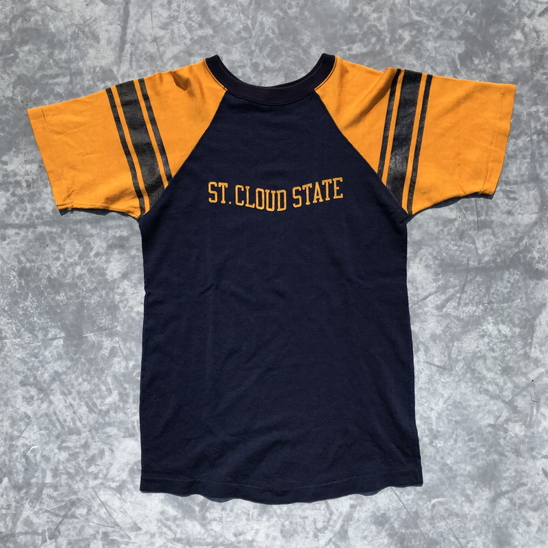 60s 70s Champion チャンピオン レーヨン Tシャツ ネイビー イエロー ラグラン ヴィンテージ プロダクツタグ Agito Vintage