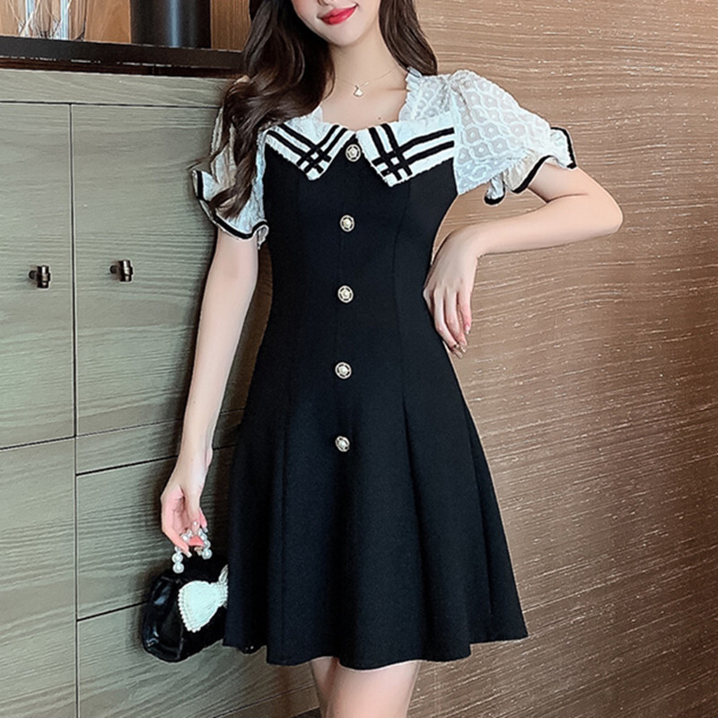ワンピース カジュアル 黒 スクエアネック ペプラム Aライン 半袖 パフスリーブ ブラック S M L Xl 2xl Dresszone