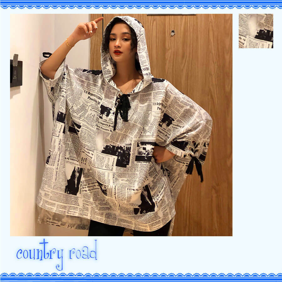 パーカー シャツ 総柄 プリント 新聞柄 イラスト レディース フード ロングシャツ アウター 薄い 体型カバー ビッグシルエット ゆったり 個性的 原宿系 トレンド 派手 Pop 奇抜系 ストリート デイリー Country Road
