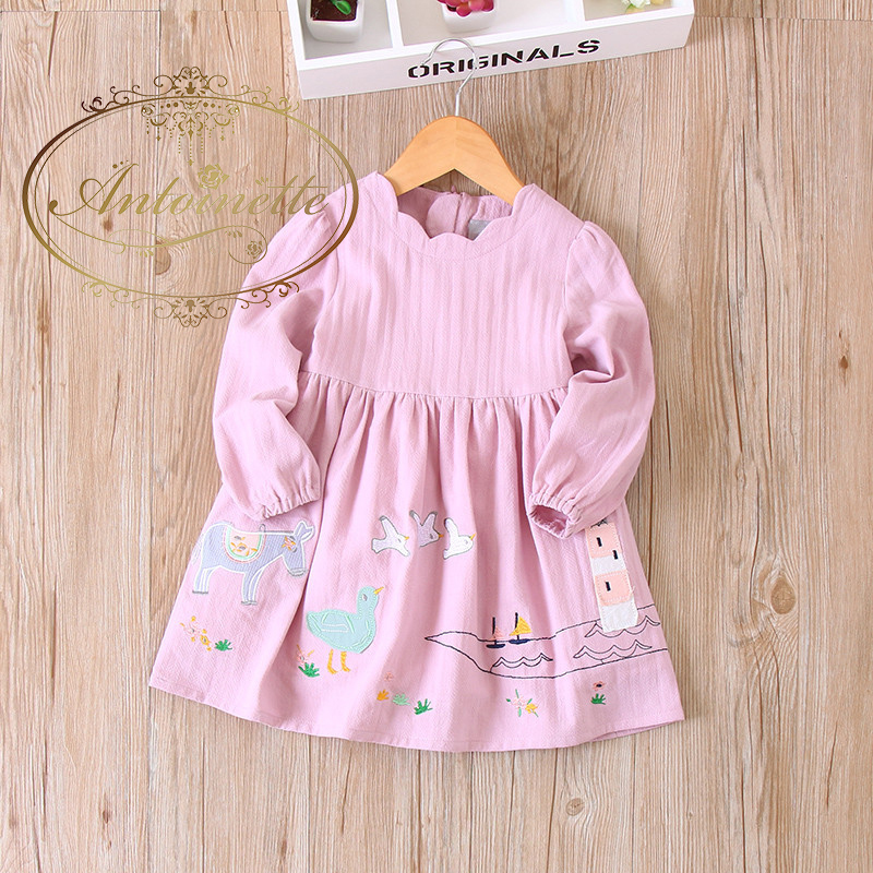 二色展開 キッズ キッズワンピース 秋 春 17新作 韓国 韓国服 キッズコーデ キッズコーディネート 刺繍 刺繍ワンピ かわいい 子供服通販 子供服販売 キッズコーデ Antoinette