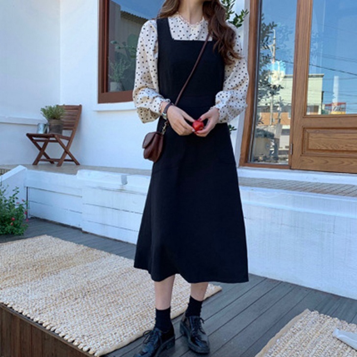ワンピース ワンピ 2点セット ブラウス 長袖 ドット柄 黒ワンピース レディース 女性用 膝下 無地 デイリー 通学 学校 普段着 デート 旅行 シンプル 大人かわいい セット 人気 秋 新作 Op01 Colorful Closet おしゃれなトレンド海外レディースファッション通販