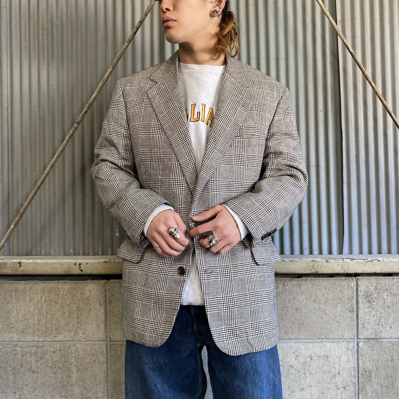 90年代 ビンテージ Usa製 J Crew Jクルー グレンチェック柄 シルク ウールテーラードジャケット メンズl相当 古着 90s ヴィンテージ 2b モノトーン ブラック ホワイト 黒 白 肩パッド入り ブルゾン ジャケット Cave 古着屋 公式 古着通販サイト