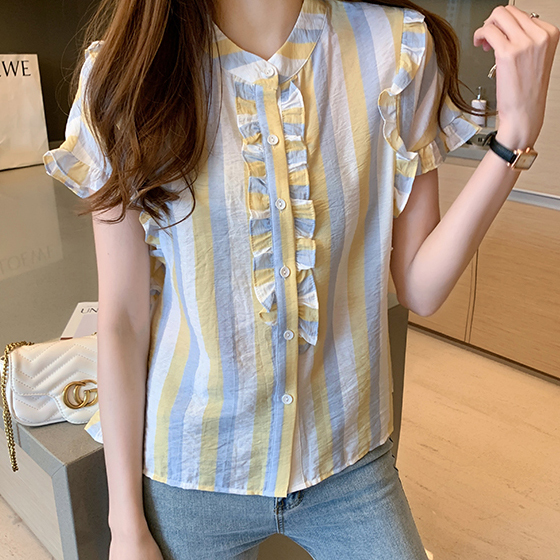 ゆうパケット対応 ノーカラーブラウス ストライプシャツ トップス シャツトップス 半袖 かわいい 人気 レディース 安い 韓国ファッション 6970 Sinsakumall