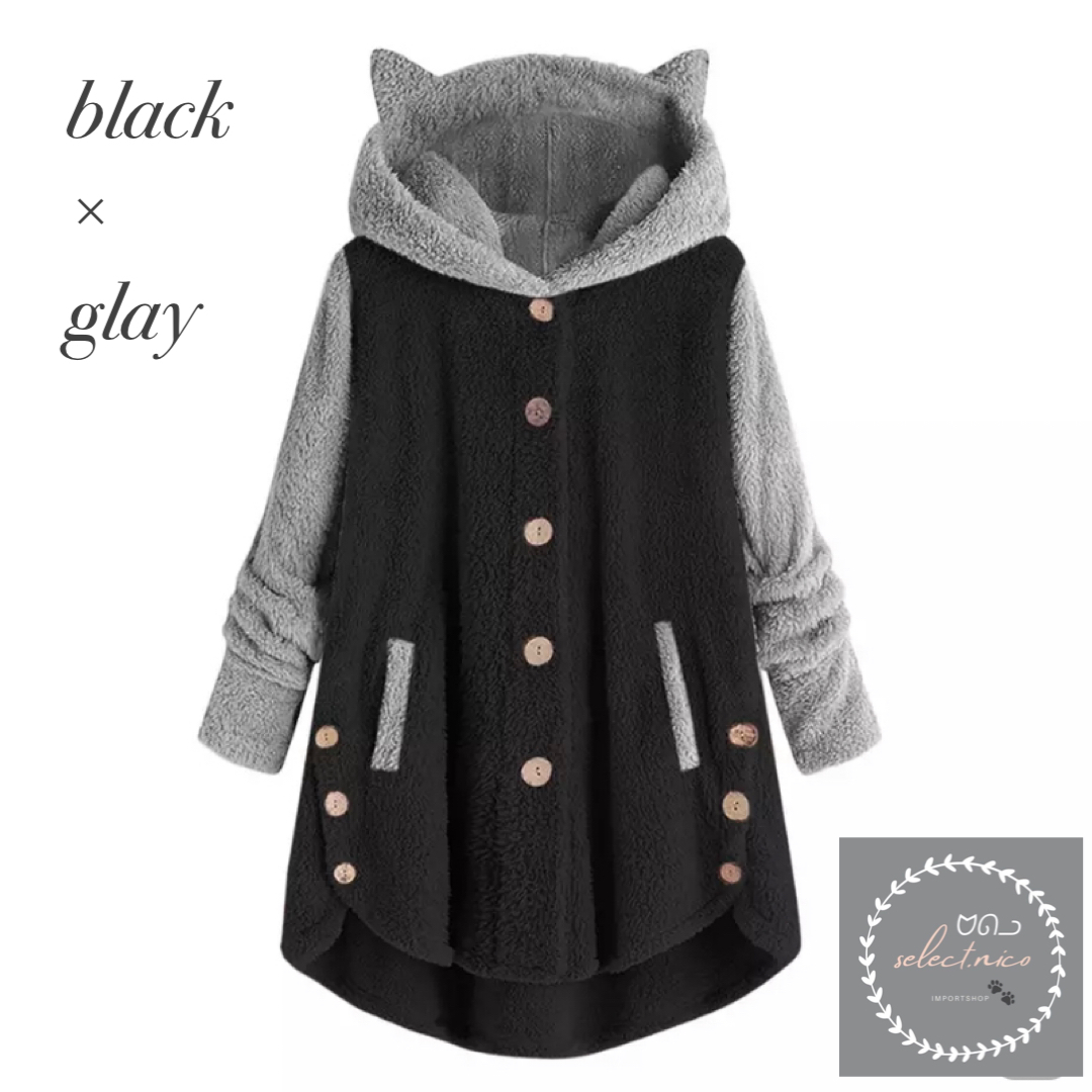 即納 猫101 猫耳 フード もこもこウェア ボタンあり 黒 グレー Selectnico セレクトニコ