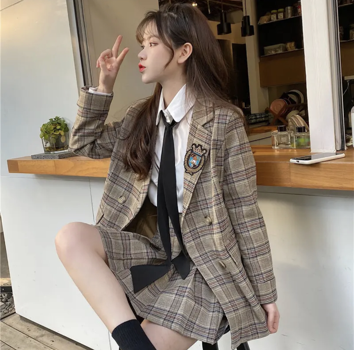 韓国レディースファッション 6271 セットアップ スクールガール風 チェック柄 ジャケット スカート 送料無料 流行オルチャンファッション 人気のプチプラ韓国レディースファッション新作通販 Aliceholly
