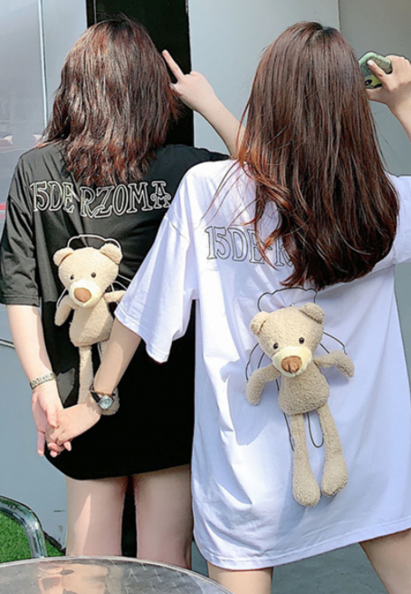 クマのぬいぐるみ付き 個性的 ゆったり Tシャツ トップス Tシャツ レディース ゆったり ワンピース ビックシルエット カジュアル 個性的 くま 人形 ぬいぐるみ 半袖 ホワイト ブラック Tシャツワンピ 韓国ファッション 大きいサイズ 10代 代 送料無料 韓国