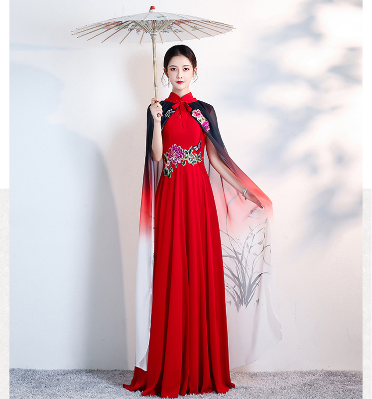 マントを贈呈する ロングチャイナドレス 改良型チャイナドレス パーティードレス チャイナ風ワンピース チャイナ風服 中華服 二次会 女子会 同窓会 スタンドネック 半袖 大きいサイズ S M L Ll 3l 4l 5l 刺繍入り レッド 赤い Elegant