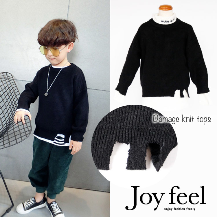 かっこいい ブラック ダメージ ニット キッズ 韓国子供服 レディースファッション通販joyfeel ジョイフィール