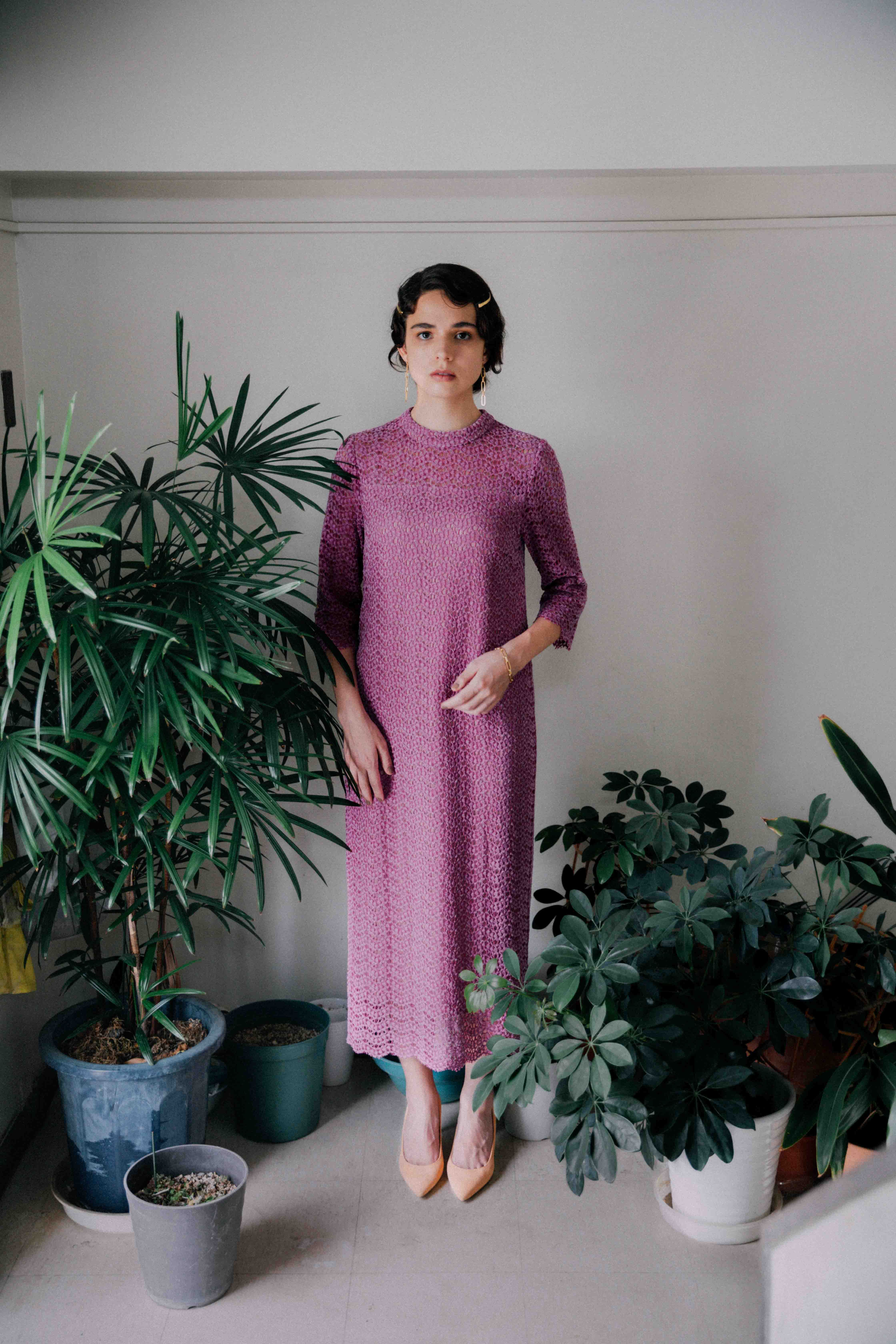 モールレーススタンドカラーワンピース ピンク Troisiemechaco