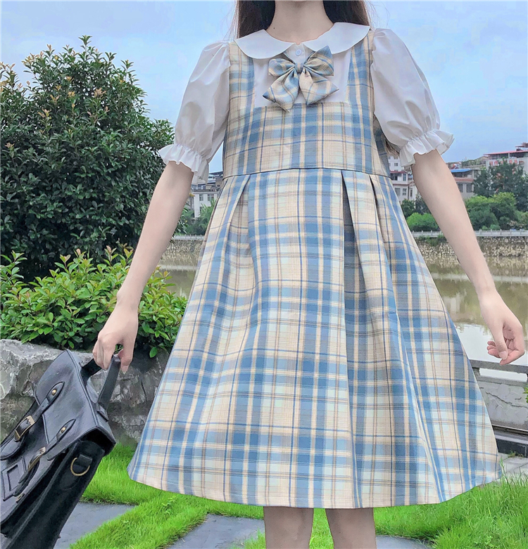 学生服風 パフスリーブ 丸襟 リボン レイヤード風 チェック柄ワンピース コスプレ ロリｒ404 Rumina Select Shop