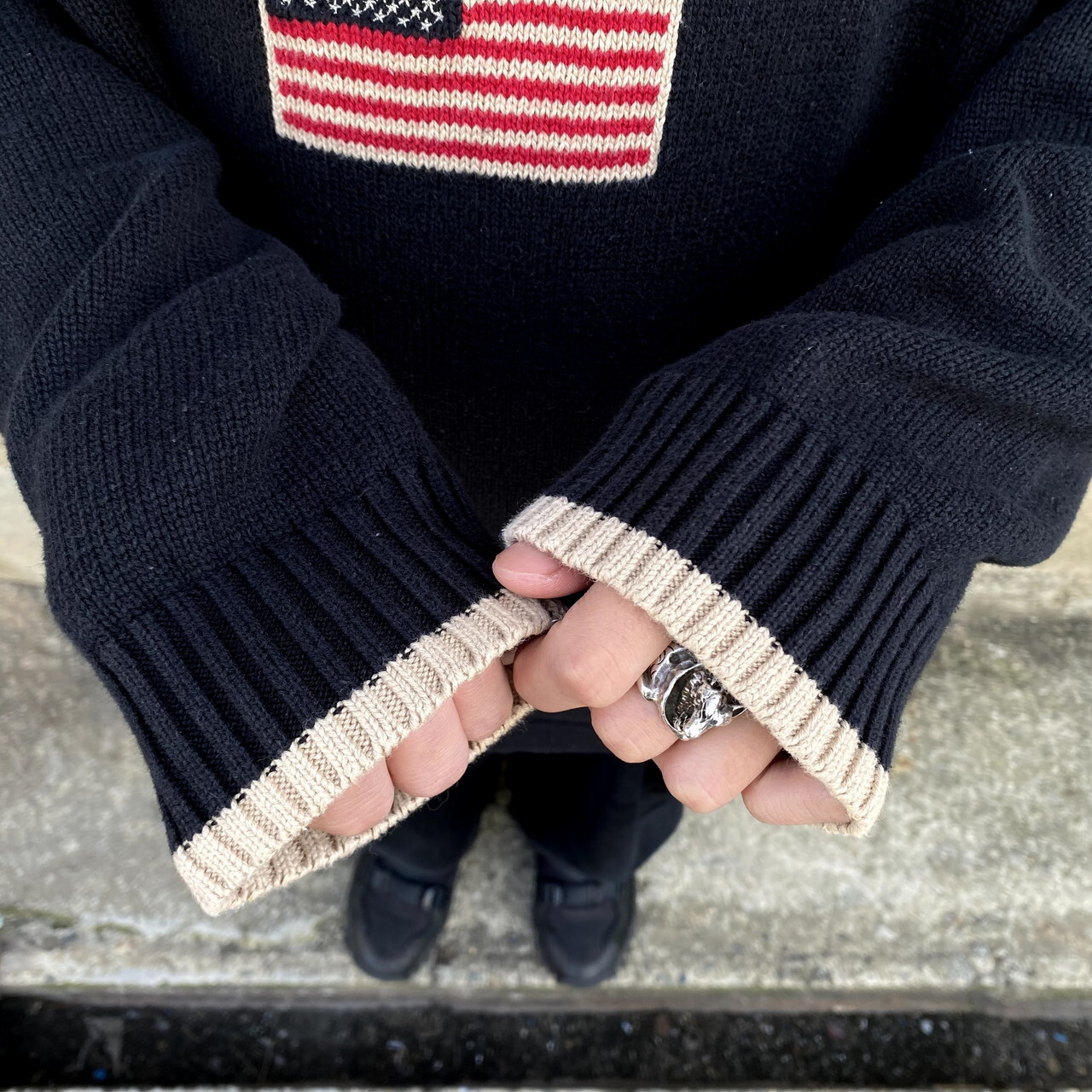 90年代 Chaps Ralph Lauren チャップス ラルフローレン 星条旗 ビッグロゴ タートルネック コットンニットセーター メンズxl 古着 ハイネック 刺繍 90s ビンテージ ヴィンテージ ブラック 黒 ニットセーター Cave 古着屋 公式 古着通販サイト