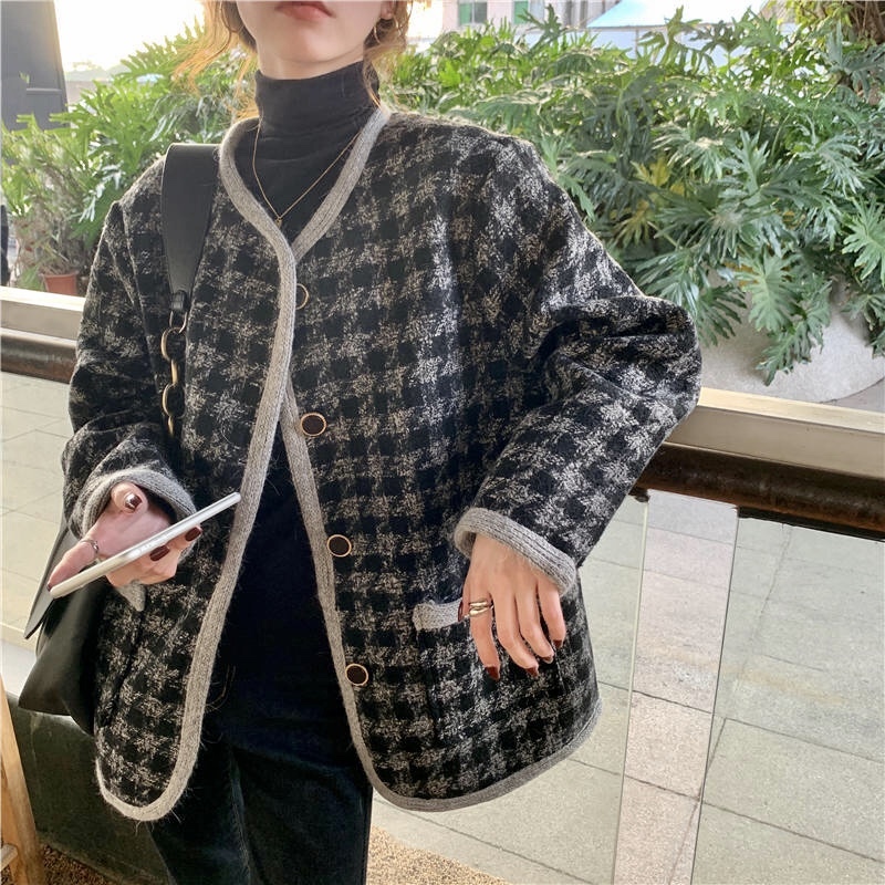 送料無料 ノーカラー ショート丈 千鳥柄カーディガン ジャケット レトロファッション クラシカル K369 Kacch カッチ