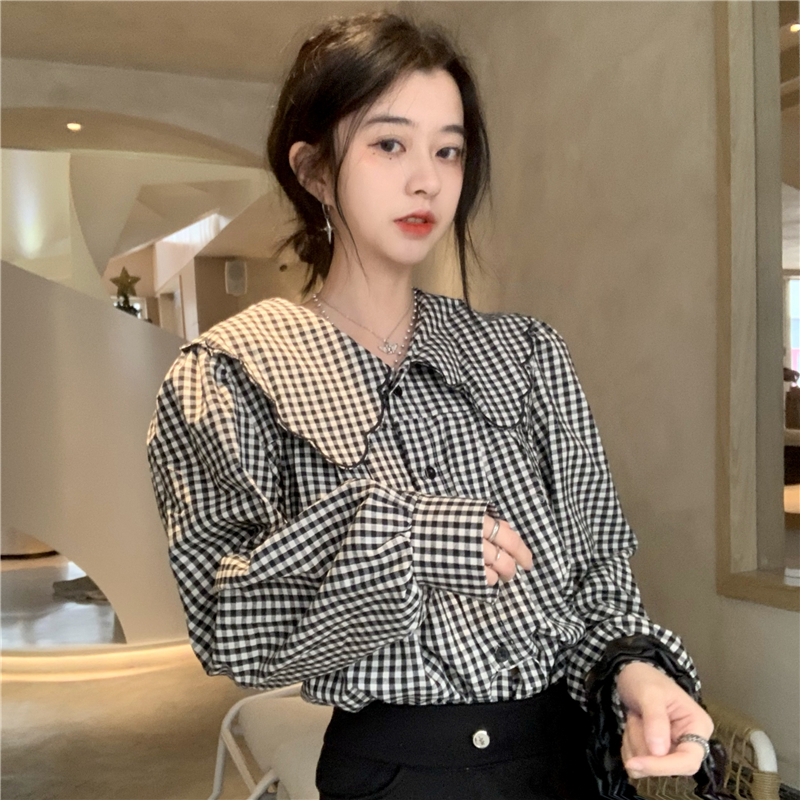 送料無料 1枚で華やかさをプラス ギンガムチェック ブラウス 甘め ガーリー 大きめ襟 可愛い トップス Lamitte Deco トレンド 韓国ファッション ショップ