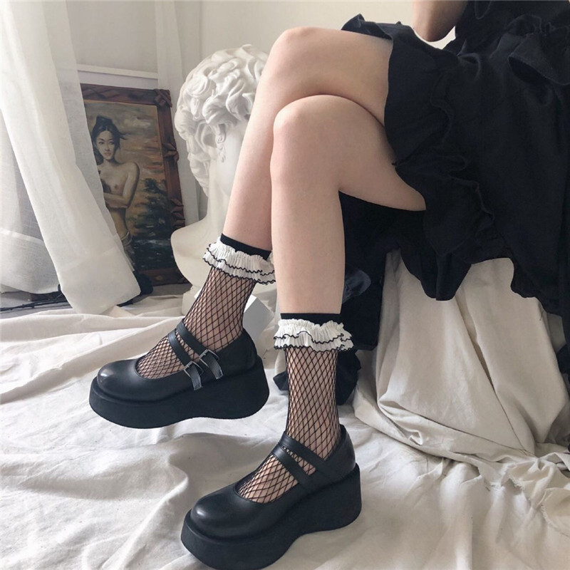 大人気 シースルーソックス レース 切り替えし 網 おしゃれ 黒 白 ロリータ ルーズソックス Miyabi5