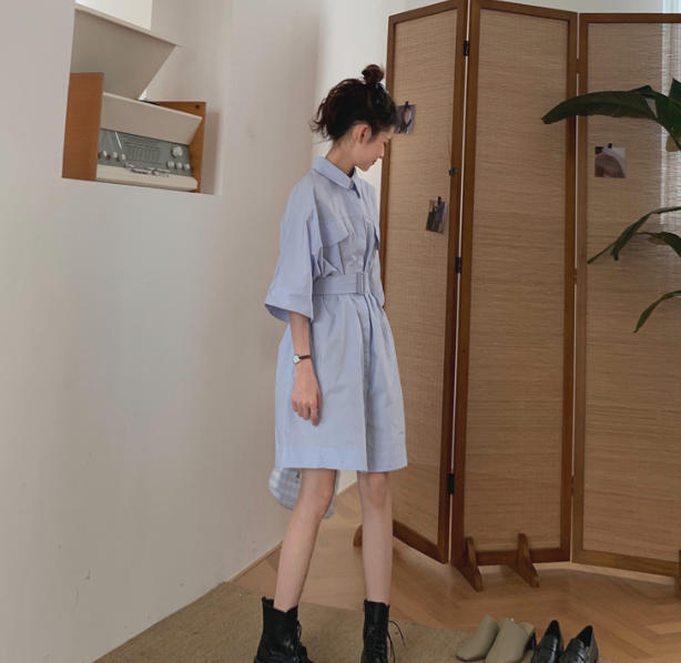 シャツワンピース 膝丈 フレア おしゃれ ウエストベルト ガーリー 半袖 Luluca