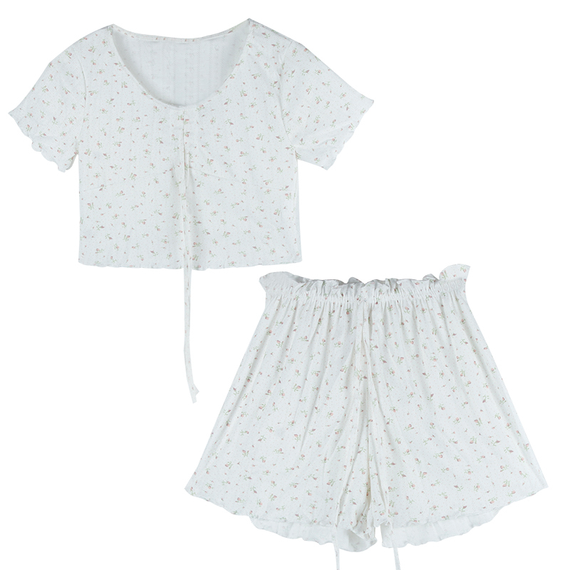 甘い花柄パジャマセット新しい夏の女性のプリンセススタイルのアウターウェア家庭服パジャマツーピーストレンド モンロー Mixlily Shop A 甘い花柄パジャマセット新しい夏の女性のプリンセススタイルのアウターウェア家庭服パジャマツーピーストレンド モンロー Mixlily Shop A