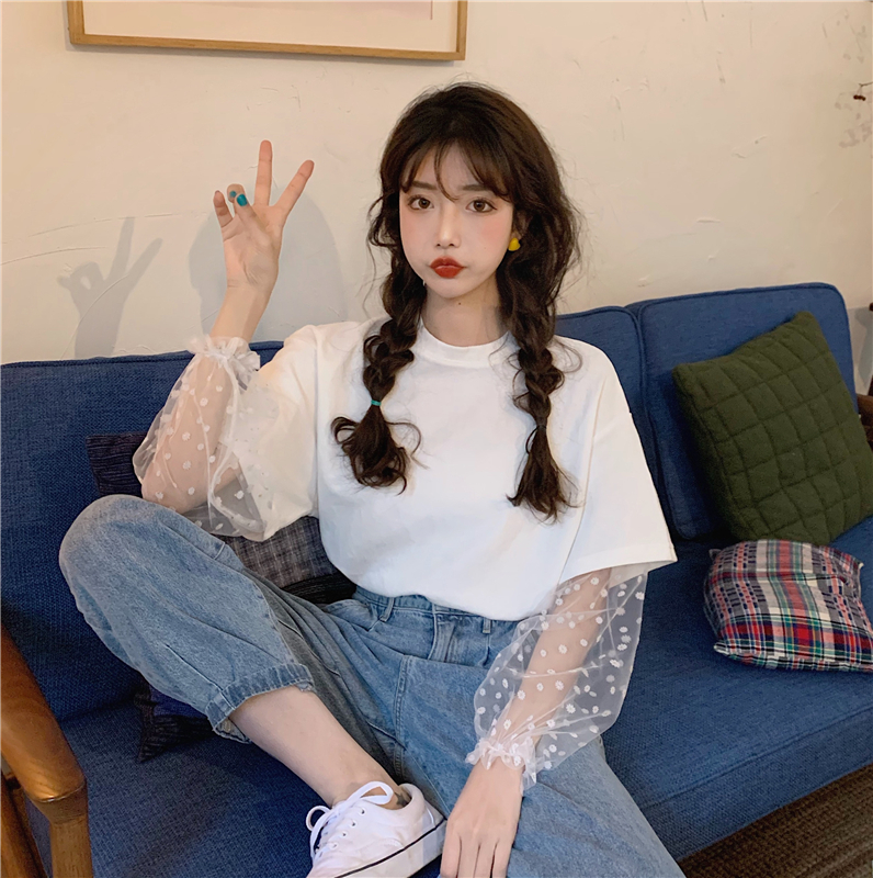 送料無料 お洒落なシースルー Tシャツ 花柄シフォン ガーリー ドッキング トップス Lamitte Deco トレンド 韓国ファッション ショップ