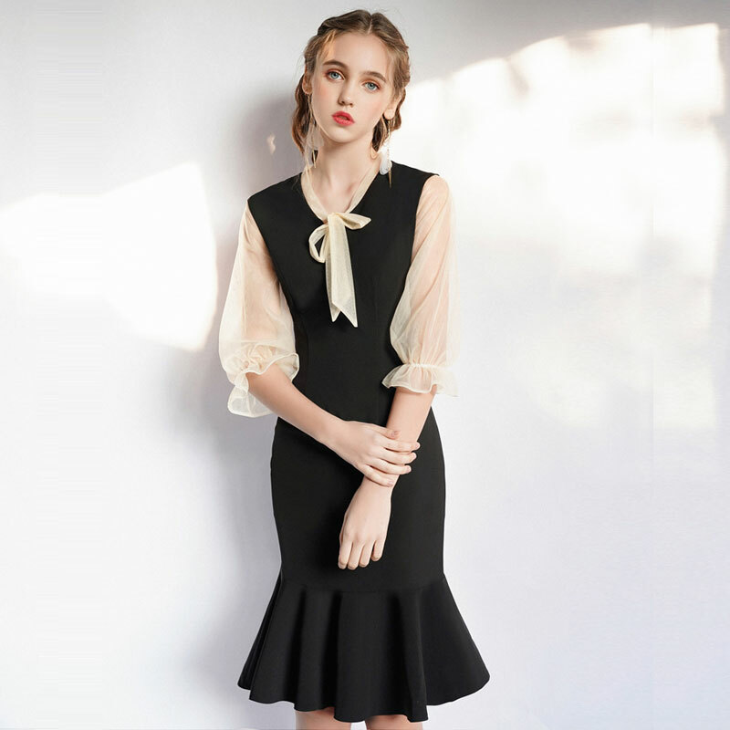 パーティードレス リボンネック マーメイドライン ワンピース 結婚式 発表会 二次会 お呼ばれ セレブ愛用 大きいサイズ ブラック Xs S M L 2l 3l Dresszone