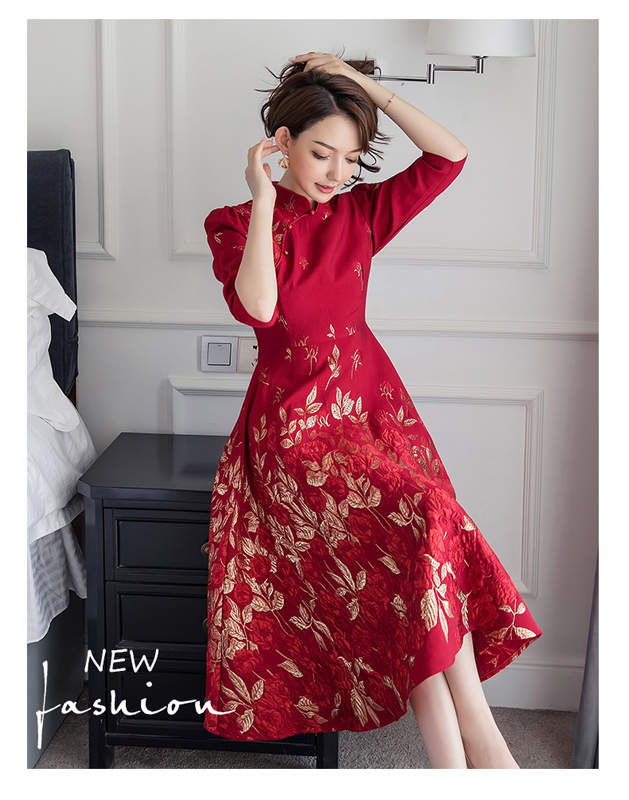 チャイナ風ワンピース 上品なワンピース ロング丈ワンピース 改良唐装 改良漢服 チャイナ風服 中華服 改良型チャイナドレス 普段着 大きいサイズ S M L Ll 3l 女子会 同窓会 高級感ある 美品 レッド 赤い 気質アップ Elegant