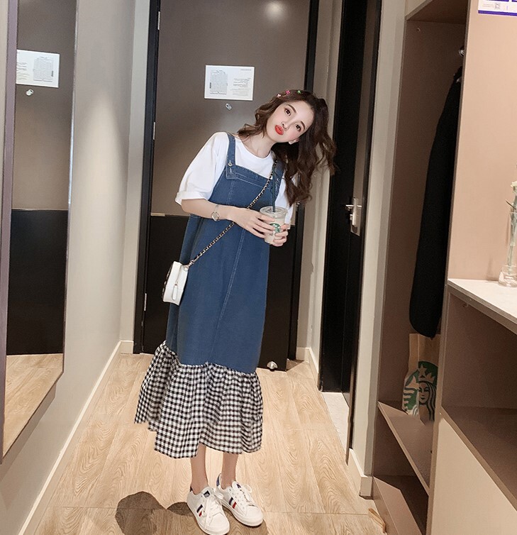 チェックドッキング デニム サロペットワンピース レディース デニム ワンピース ノースリーブ ワンピース サロペット オールインワン サロペット スカート ジャンバースカート フレアワンピース ノースリーブ 韓国レディース キッズファッション Londonbridge