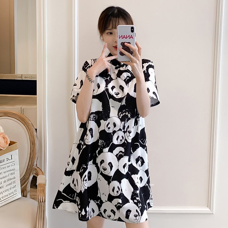 One Piece Panda Cute ワンピース ミニ 半袖 チャイナ風 エスニック パンダ プリント レトロ カジュアル 可愛い キュート おしゃれ シンプル モノトーン ブラック ルーズ ゆったり 大人 お出かけ デイリー デート ランチ 衣装 春 夏 Sea Sign