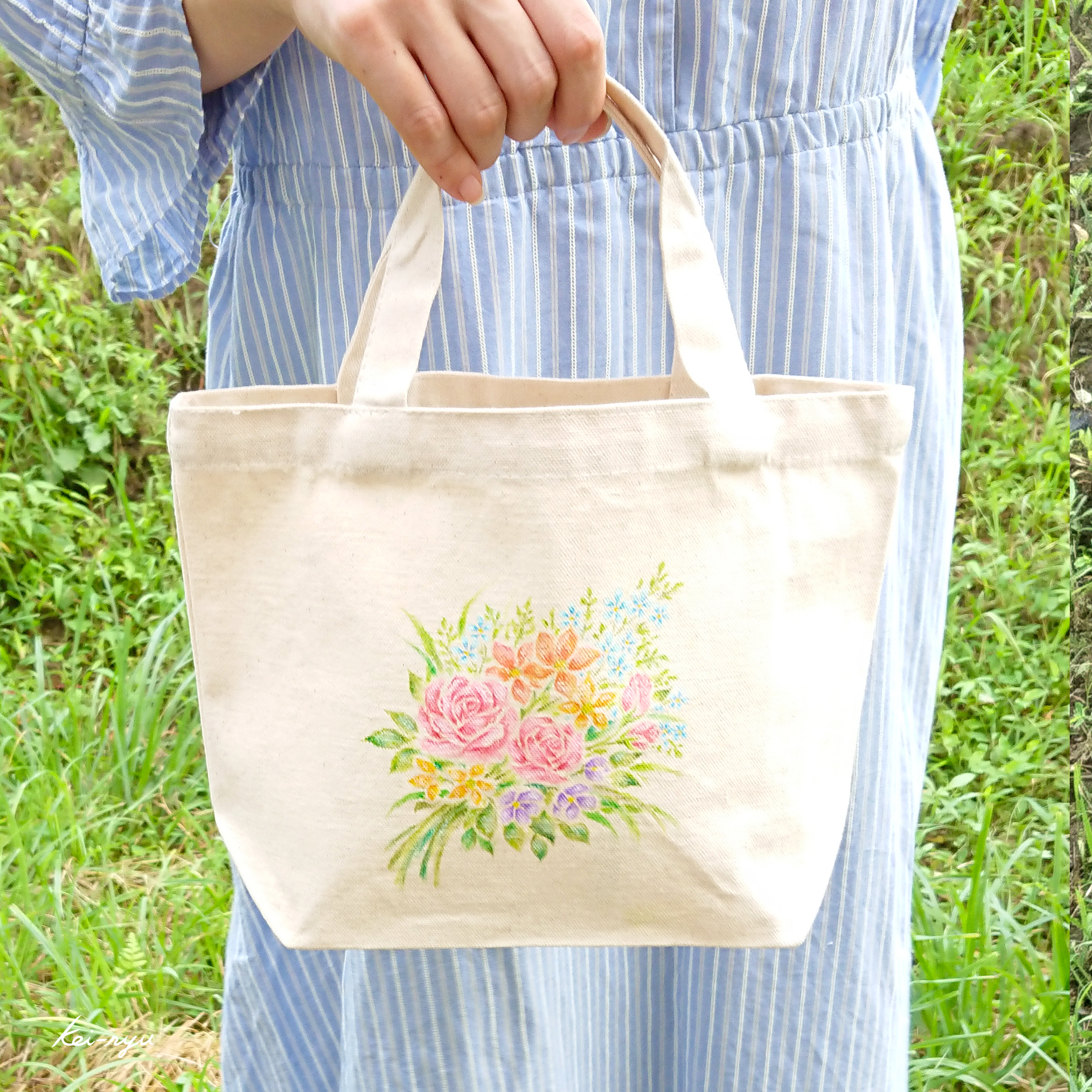 手描き オーガニックコットン ミニトートバッグ 小さな花束 ほどけむすび