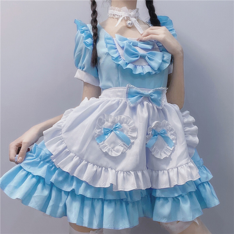 4点 かわいい メイド服 ブルー Lolita ボウタイ ハート 少女 ワンピース Miyabi5