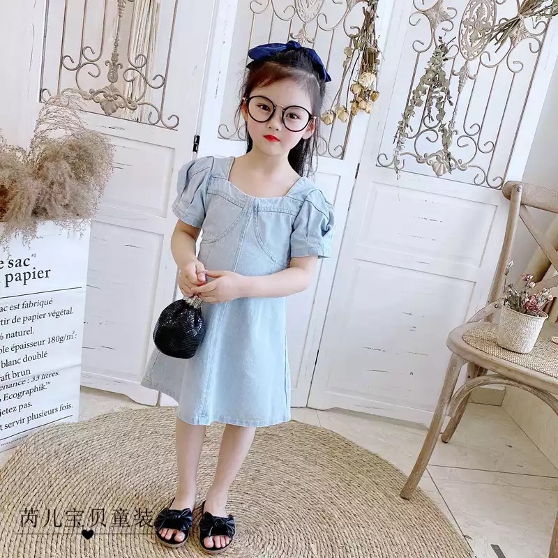 送料無料 女の子 パフスリーブ デニムワンピース デニム ワンピース 子供 キッズ 赤ちゃん ベビー 春 夏 ナチュラル 韓国 半袖 La Preference