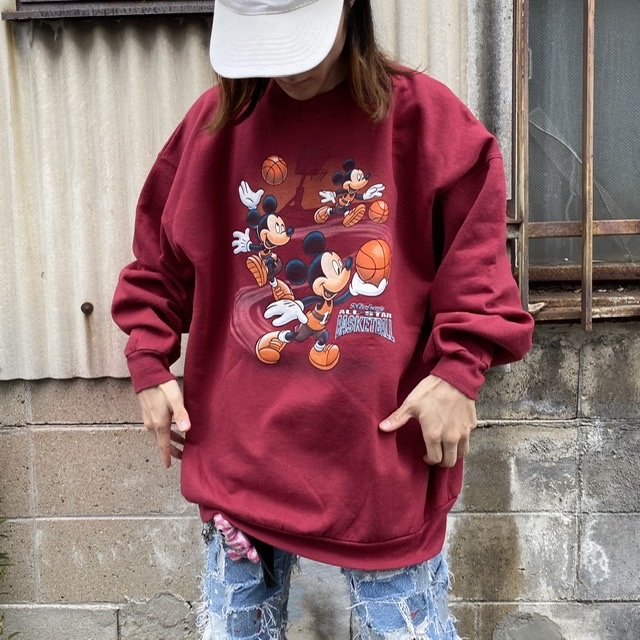 Usa製 Disney Catalog ディズニー Mickey Mouse ミッキーマウス バスケットボール プリントスウェット キャラクタースウェット ヴィンテージ ビンテージ ワインレッド バーガンディー メンズxxl 古着 スウェット Cave 古着屋 公式 古着 通販サイト
