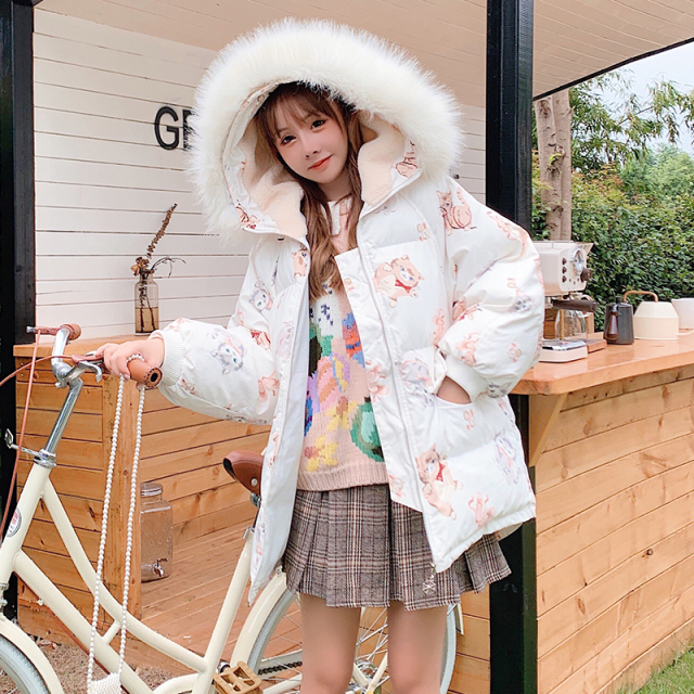 レディースファッション コート ジャケット ダウンジャケット ネコ柄 ゆめかわ 冬 フード付き ファー 新作 可愛い 厚手 原宿風 More Lluze モア ルーゼ