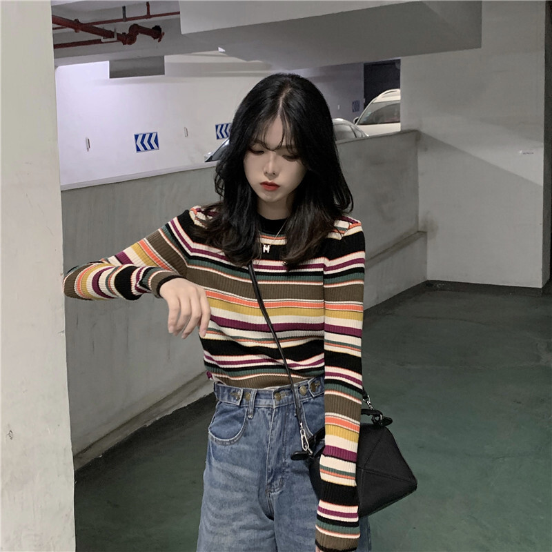 カラフルストライプリブトップス カットソー ボーダー 個性 レディース Macaron