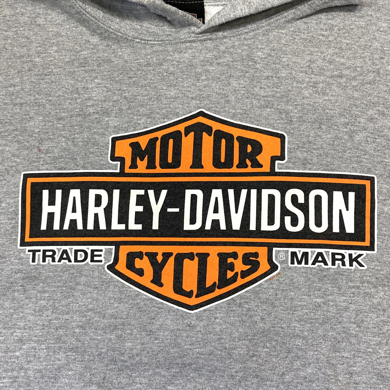 ハーレーダビッドソン ロゴプリント スウェットパーカー メンズxxl相当 古着 ビッグサイズ トレーナー Harley Davidson 袖プリ バイク モーターサイクル グレー パーカー Cave 古着屋 公式 古着通販サイト