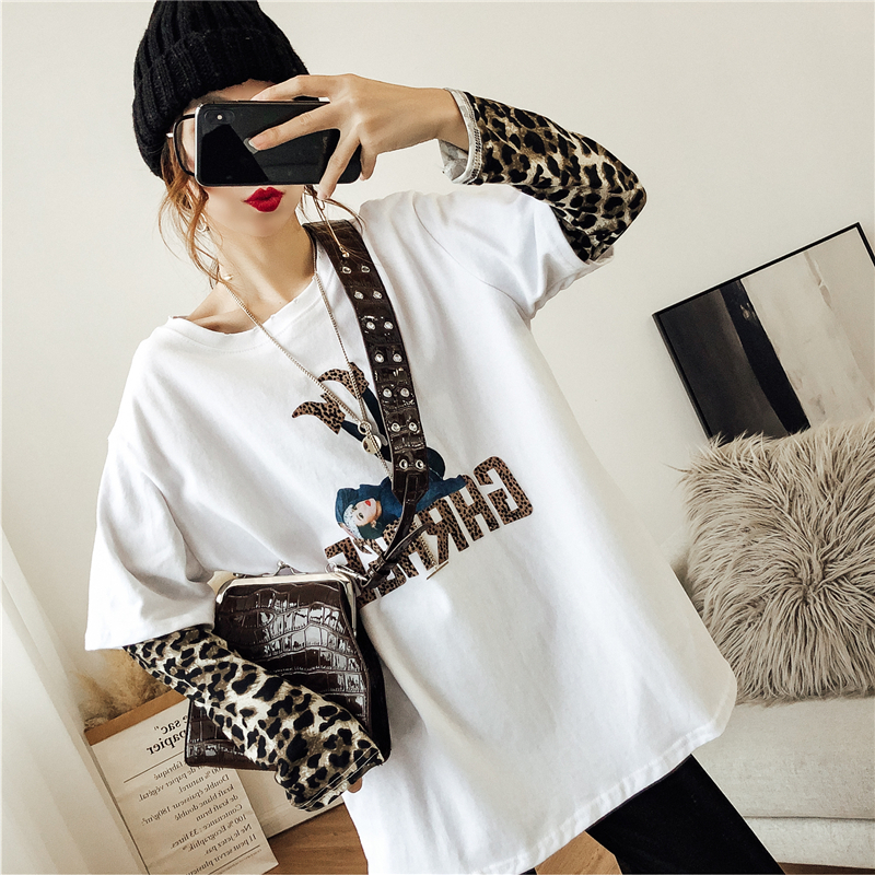 カジュアル ゆるカジ アメカジ レオパード柄 ヒョウ柄 豹柄 ラウンドネック コットン レイヤード ビッグシルエット レディース ロング Tシャツ カットソー リラックス ストリート オシャレ 長袖 萌え袖 男ウケ デート服 モテ 韓国ファッション 通販 春 夏 秋 Pure