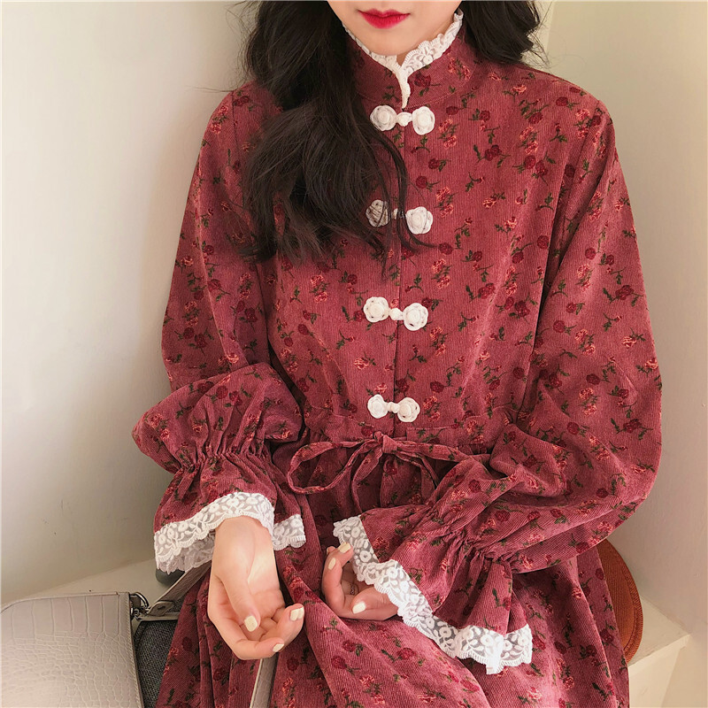 Seoul鬼马少女シリーズ 花模様のワンピース チャイナ服 中華服 レースアップ スピーカースリーブ Elegant