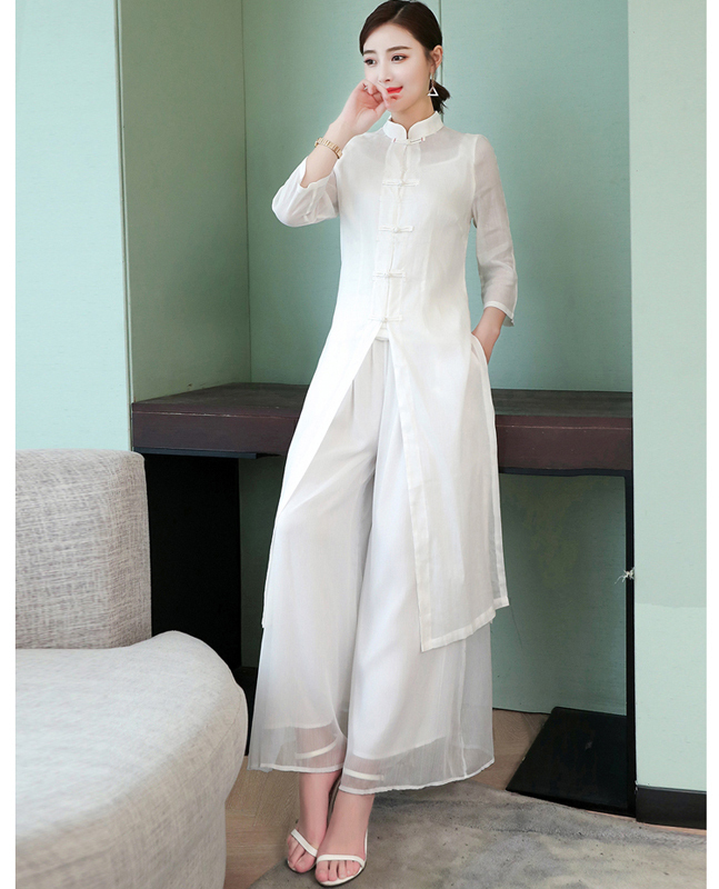 チャイナ風服 3点セット セットアップ 上下セット 改良唐装 改良漢服 レトロ 女子会 チュニック ワンピース 九分袖 チャイナボタン ズボン ガウチョパンツ ホワイト 白い 大きいサイズ M L Ll 3l Elegant