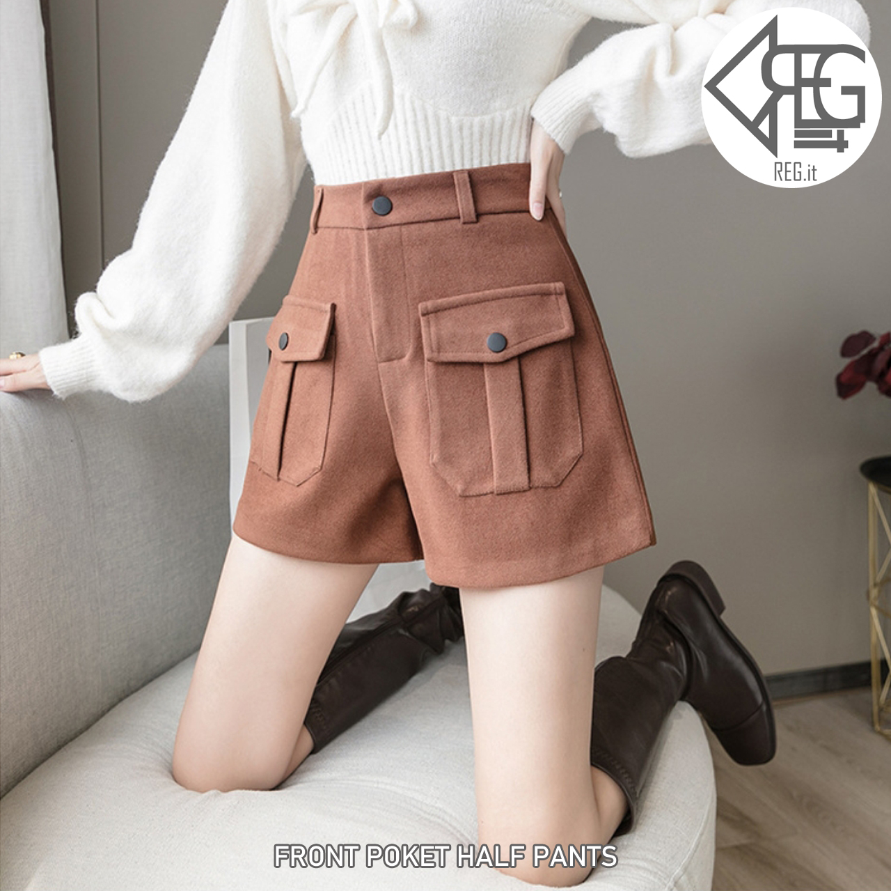 Regit 即納 Front Pocket Half Pants 韓国ファッション ハーフパンツ 冬用ハーフパンツ かわいい S S Regit