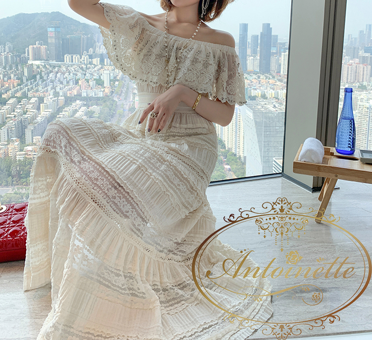 フリル レディース ワンピ 白 ロング丈 可愛い おでかけ 観劇 おしゃれ 袖 ドレス チュニック ワンピース Antoinette