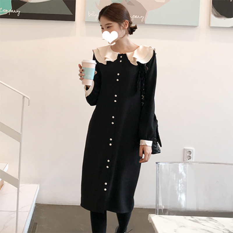 モノトーン レトロ襟付き 無地 ブラック ラウンドネック 長袖 膝丈 フォーマル お呼ばれ ワンピース シンプル レトロ ガーリー More Lluze モア ルーゼ