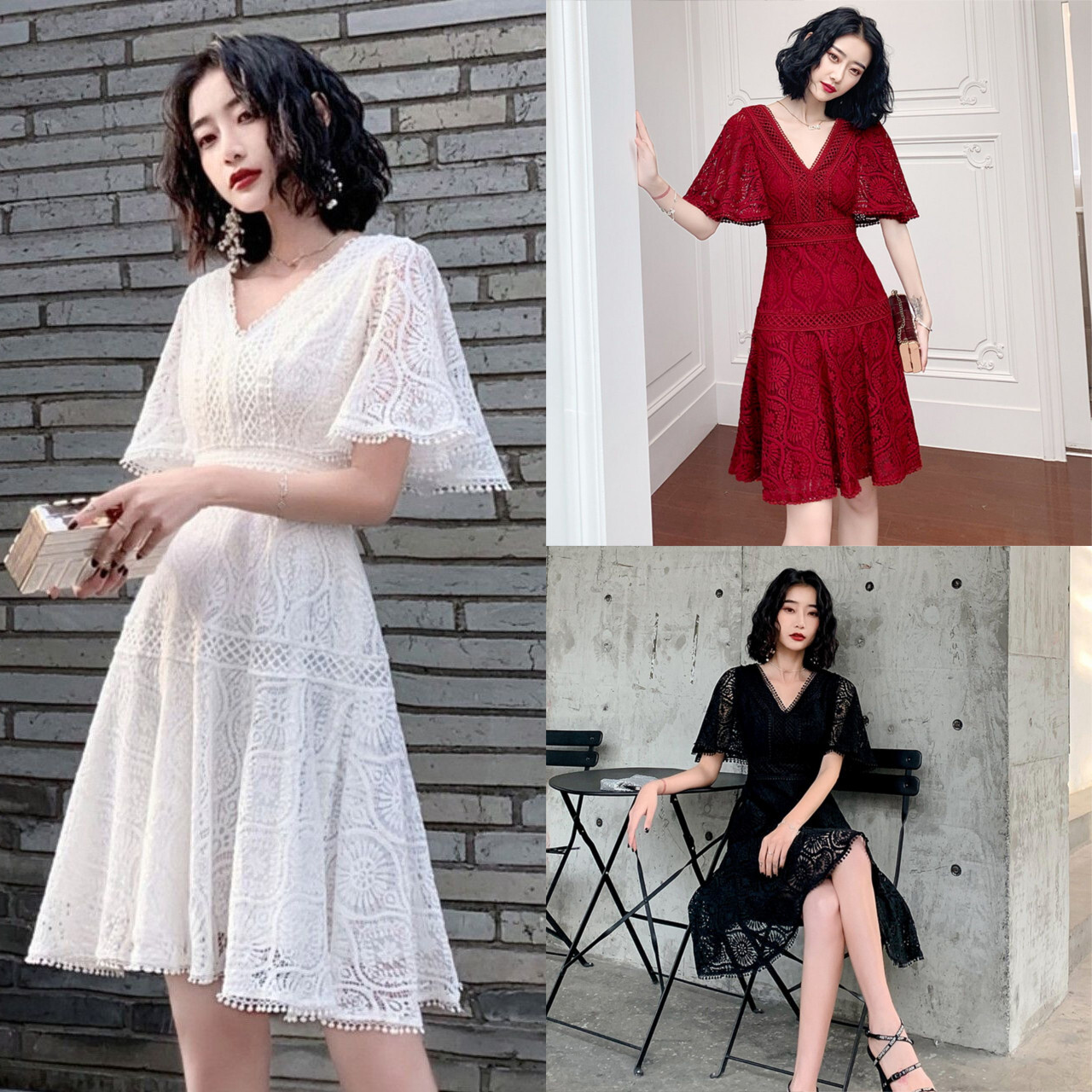 ドレス ミニドレス ワンピース 総レース 袖あり 半袖 Aライン 白ドレス Vネック フレア袖 ガーリー フェミニン パーティ 街角のカフェテラス