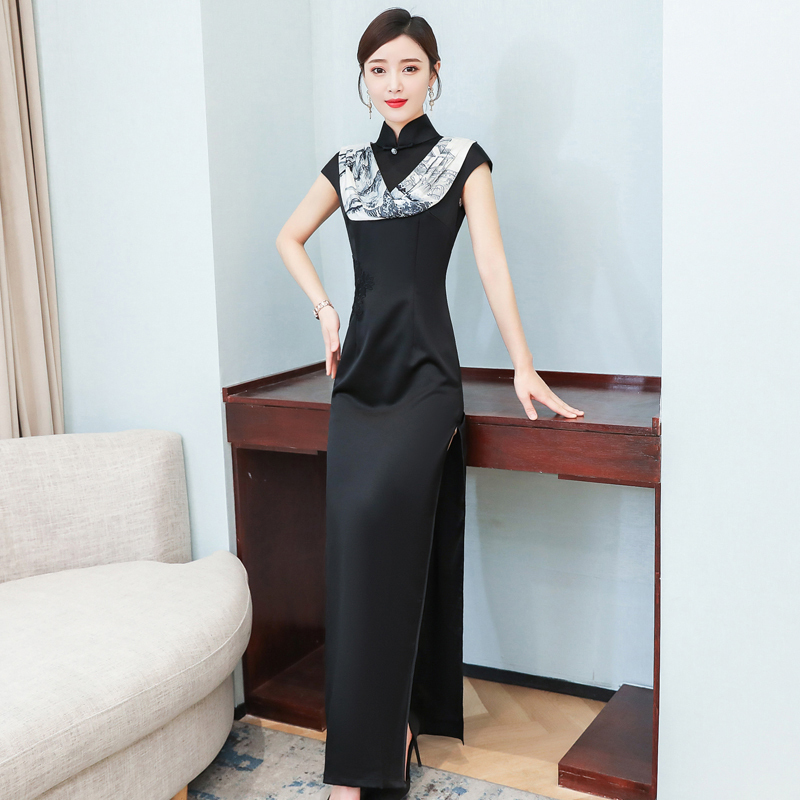 ロングチャイナドレス チャイナ風ワンピース チャイナ風服 中華服 女子会 演奏会 半袖 大きいサイズ S M L Ll 3l 4l パーティードレス ブラック 黒い 激安 Elegant