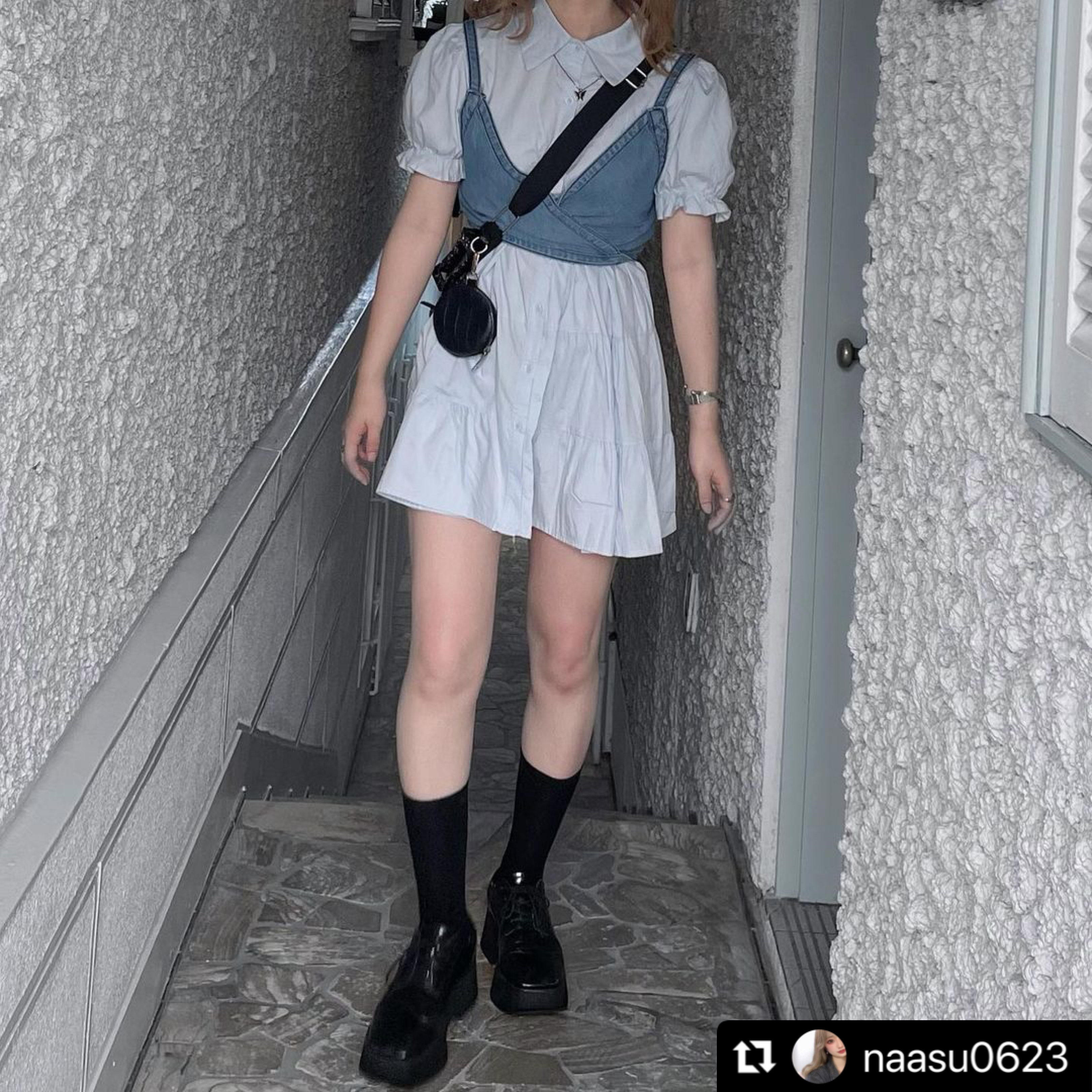 送料無料 Aラインで女っぽ パフスリーブ ティアード シャツ ワンピース デニム ビスチェ セットアップ Lamitte Deco トレンド 韓国ファッション ショップ