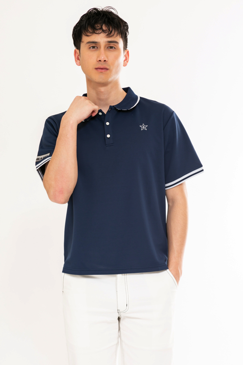 立て襟ボーダーニットポロシャツ Men ネイビー Aimantgolf
