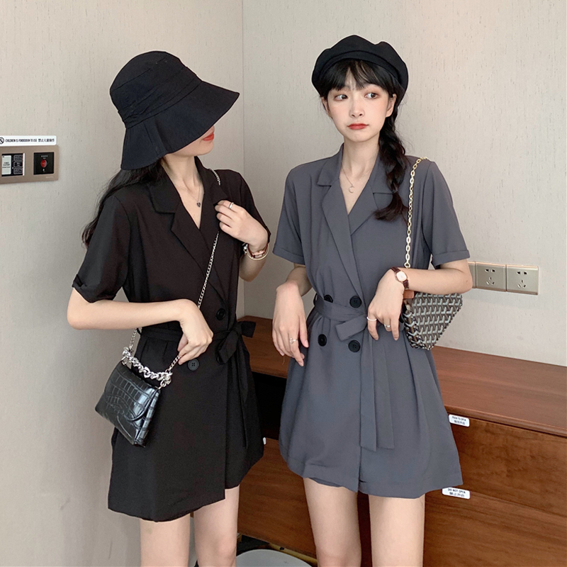 オールインワン ショートパンツ ジャンプスーツ 韓国ファッション レディース サロペットト トレンチコート風 半袖 ショート丈 ハイウエスト レトロ Waist Tie Dress Wide Leg Shorts Skirt Dtc Value Rave Notice バリューレイヴノーティス 韓国