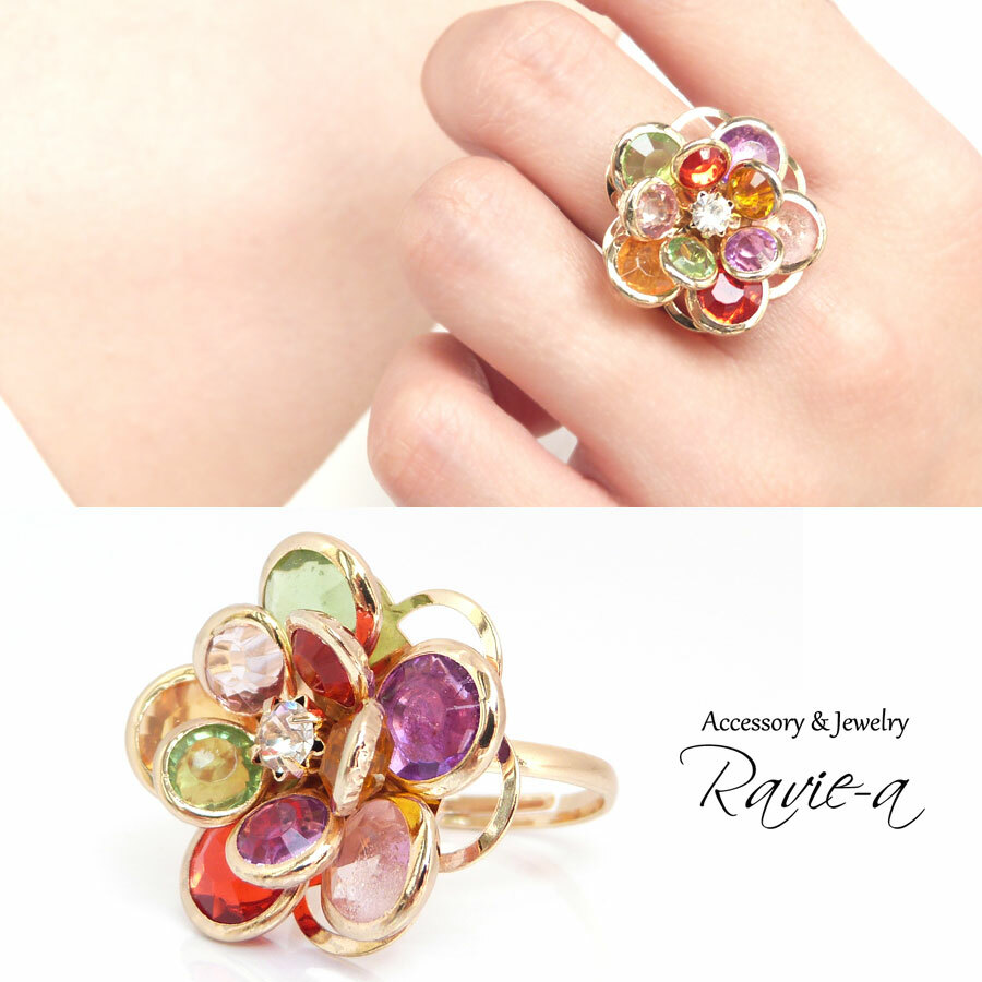 カラフル 大きなお花 フラワーリング フリーサイズ ラインストーン プチプラ ゴールド Ravie A