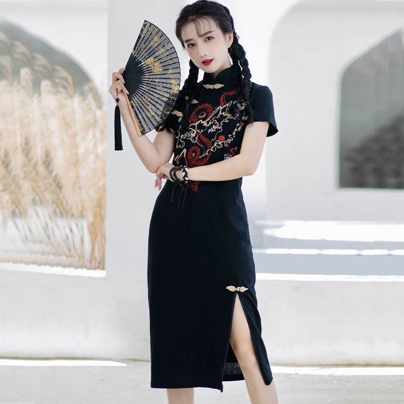 卿棠シリーズ チャイナ風ワンピース 刺繍 赤龍 改良型チャイナドレス 棉麻 ショート丈 ブラック 黒い Elegant