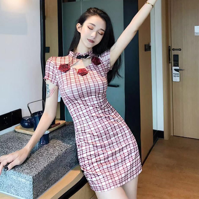 レトロ エロカワ 胸元セクシー チャイナドレス ハイネック ワンピース ドレス レディース タイトスカート ミニ丈 半袖 ショート丈 ピンク チェック柄 花柄 おしゃれ スリムフィット 体型カバー 脚長効果 スタイルアップ ジッパー スリット リボン Cute 男ウケ デート服